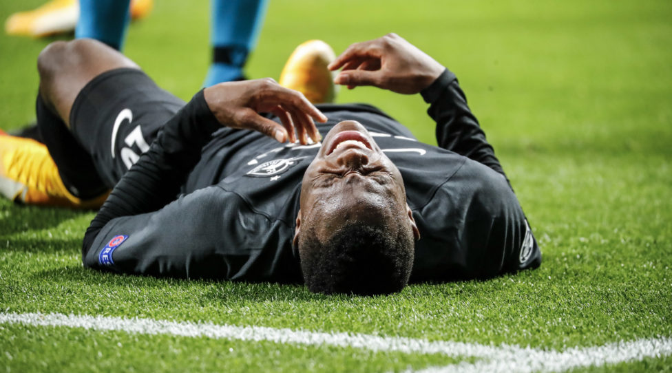 MADRID,SPAIN,27.OCT.20 - SOCCER - UEFA Champions League, group stage, Atletico Madrid vs Red Bull Salzburg. Image shows Patson Daka (RBS). Keywords: injury. Photo: GEPA pictures/ Jasmin Walter