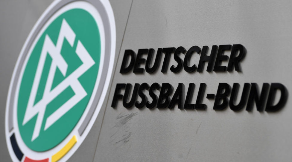 FRANKFURT AM MAIN, GERMANY - APRIL 02:  The logo of the German Football Association (DFB) seen at DFB Headquarter on April 02, 2019 in Frankfurt am Main, Germany. Reinhard Grindel, President of the German Football Association (DFB), has stepped down as president, effective immediately. This was confirmed by the DFB today after German media reported on financial irregularities. The two vice presidents Rainer Koch and Reinhard Rauball will take over the leadership of the association on an interim basis until the DFB Bundestag in September. (Photo by Alexander Scheuber/Bongarts/Getty Images)
