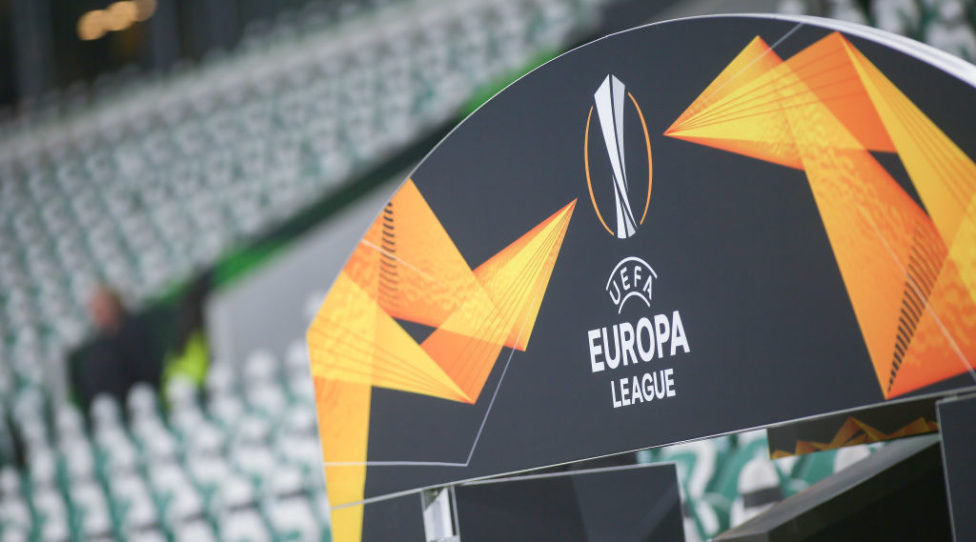 WOLFSBURG, GERMANY - NOVEMBER 07: The UEFA Europa League logo is seen prior to the UEFA Europa League group I match between VfL Wolfsburg and KAA Gent at Volkswagen Arena on November 7, 2019 in Wolfsburg, Germany. (Photo by Selim Sudheimer/Bongarts/Getty Images)