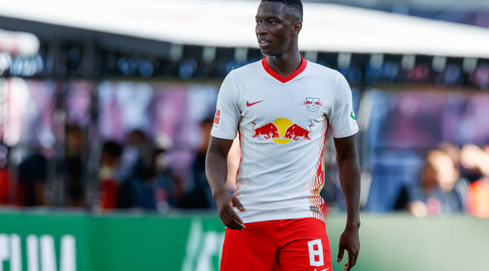 LEIPZIG, GERMANY - SEPTEMBER 20: (BILD ZEITUNG OUT) Amadou Haidara of RB Leipzig looks on during the Bundesliga match between RB Leipzig and 1. FSV Mainz 05 at Red Bull Arena on September 20, 2020 in Leipzig, Germany. Fans are set to return to Bundesliga stadiums in Germany despite to the ongoing Coronavirus Pandemic. Up to 20% of stadium's capacity are allowed to be filled. Final decisions are left to local health authorities and are subject to club's hygiene concepts and the infection numbers in the corresponding region. (Photo by Roland Krivec/DeFodi Images via Getty Images)