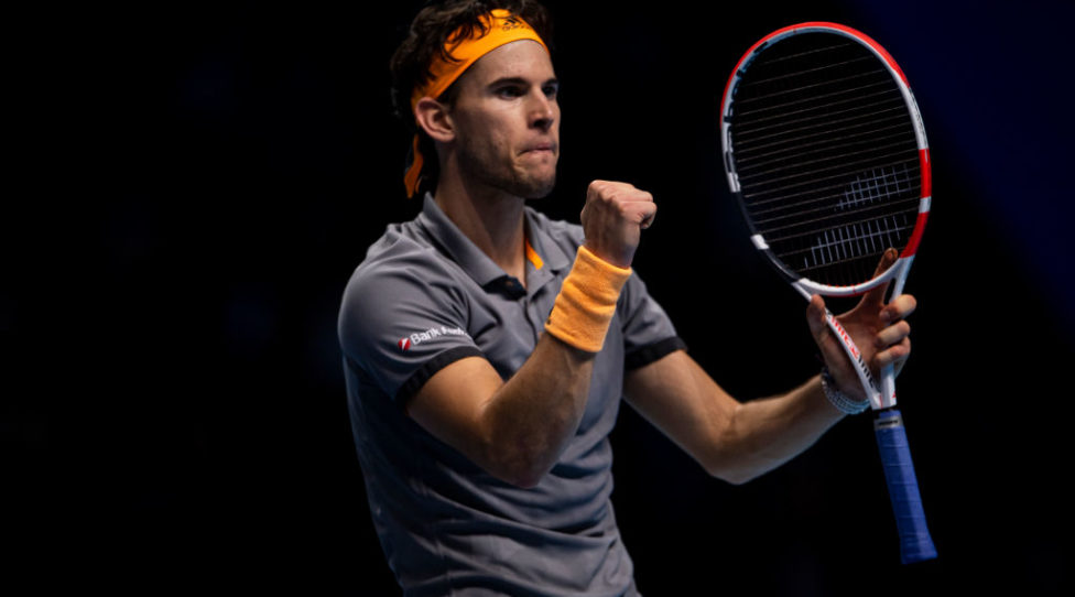 LONDON, ENGLAND - NOVEMBER 17: Dominic Thiem of Austria celebrates during his match against Stefanos Tsitsipas of Greece during Day Eight of the Nitto ATP Finals at The O2 Arena on November 17, 2019 in London, England. (Photo by TPN/Getty Images)