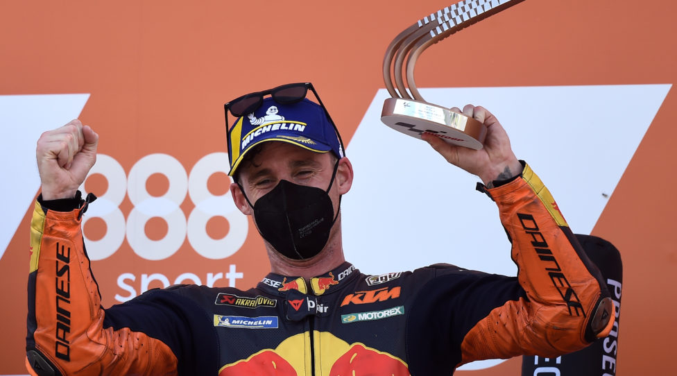 Red Bull KTM Factory Racing's Spanish rider Pol Espargaro celebrates his third position after the MotoGP race of the European Grand Prix at the Ricardo Tormo circuit in Valencia on November 8, 2020. (Photo by JOSE JORDAN / AFP) (Photo by JOSE JORDAN/AFP via Getty Images)