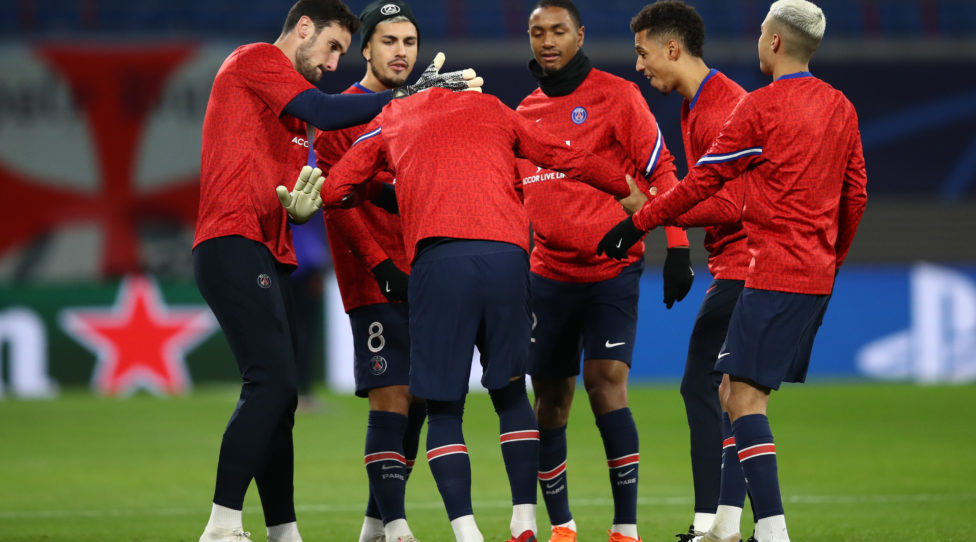 LEIPZIG, GERMANY - NOVEMBER 04: PSG players warm up ahead of the UEFA Champions League Group H stage match between RB Leipzig and Paris Saint-Germain at Red Bull Arena on November 04, 2020 in Leipzig, Germany. Sporting stadiums around Germany remain under strict restrictions due to the Coronavirus Pandemic as Government social distancing laws prohibit fans inside venues resulting in games being played behind closed doors. (Photo by Maja Hitij/Getty Images)