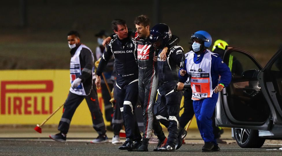 BAHRAIN, BAHRAIN - NOVEMBER 29: Romain Grosjean of France and Haas F1 is pictured walking from his car after a crash during the F1 Grand Prix of Bahrain at Bahrain International Circuit on November 29, 2020 in Bahrain, Bahrain. (Photo by Dan Istitene - Formula 1/Formula 1 via Getty Images)
