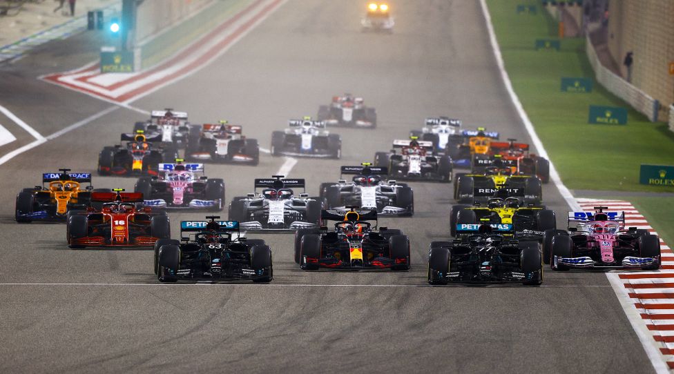 2020 Sakhir GP BAHRAIN INTERNATIONAL CIRCUIT, BAHRAIN - DECEMBER 06: George Russell, Mercedes F1 W11 EQ Performance, leads Valtteri Bottas, Mercedes F1 W11 EQ Performance, Max Verstappen, Red Bull Racing RB16, Charles Leclerc, Ferrari SF1000, Sergio Perez, Racing Point RP20, and the rest of the field at the start during the Sakhir GP at Bahrain International Circuit on Sunday December 06, 2020 in Sakhir, Bahrain. Photo by Andy Hone / LAT Images Images PUBLICATIONxINxGERxSUIxAUTxHUNxONLY GP2016_181201_ONZ0212