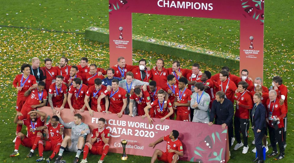 210212 -- DOHA, Feb. 12, 2021 -- Team members of Bayern Munich celebrate with the trophy after winning the FIFA Club World final match between Germany s Bayern Munich and Mexico s Tigres Uanl at the Education City Stadium in Doha, Qatar, Feb. 11, 2021. Photo by /Xinhua SPQATAR-DOHA-FIFA CLUB WORLD CUP-BAYERN MUNICH VS TIGERS UANL Nikku PUBLICATIONxNOTxINxCHN