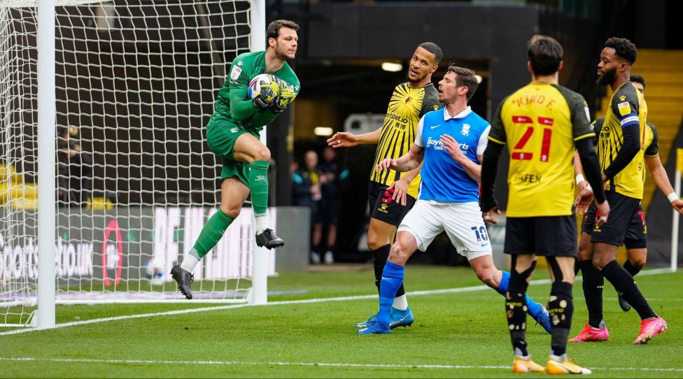 Mandatory Credit: Photo by Dave Shopland/BPI/Shutterstock 11806262ag Daniel Bachmann of Watford catches the ball to deny Lukas Jutkiewicz of Birmingham City Watford v Birmingham City, EFL Sky Bet Championship, Football, Vicarage Road, Watford, UK - 20 Mar 2021 EDITORIAL USE ONLY No use with unauthorised audio, video, data, fixture lists, club/league logos or live services. Online in-match use limited to 120 images, no video emulation. No use in betting, games or single club/league/player publications. Watford v Birmingham City, EFL Sky Bet Championship, Football, Vicarage Road, Watford, UK - 20 Mar 2021 EDITORIAL USE ONLY No use with unauthorised audio, video, data, fixture lists, club/league logos or live services. Online in-match use limited to 120 images, no video emulation. No use in betting, games or single club/league/player publications. PUBLICATIONxINxGERxSUIxAUTXHUNxGRExMLTxCYPxROMxBULxUAExKSAxONLY Copyright: xDavexShopland/BPI/Shutterstockx 11806262ag