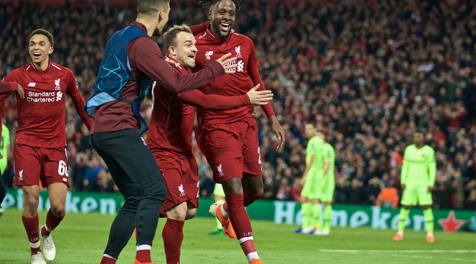 (190508) -- LIVERPOOL, May 8, 2019 (Xinhua) -- Liverpool s Divock Origi (R) celebrates after scoring during the UEFA Champions League Semi-Final second Leg match between Liverpool FC and FC Barcelona Barca at Anfield in Liverpool, Britain on May 7, 2019. Liverpool won 4-3 on aggregate and reached the final. (Xinhua) FOR EDITORIAL USE ONLY. NOT FOR SALE FOR MARKETING OR ADVERTISING CAMPAIGNS. NO USE WITH UNAUTHORIZED AUDIO, VIDEO, DATA, FIXTURE LISTS, CLUB/LEAGUE LOGOS OR LIVE SERVICES. ONLINE IN-MATCH USE LIMITED TO 45 IMAGES, NO VIDEO EMULATION. NO USE IN BETTING, GAMES OR SINGLE CLUB/LEAGUE/PLAYER PUBLICATIONS. (SP)BRITAIN-LIVERPOOL-FOOTBALL-UEFA CHAMPIONS LEAGUE-LIVERPOOL VS FC BARCELONA PUBLICATIONxNOTxINxCHN