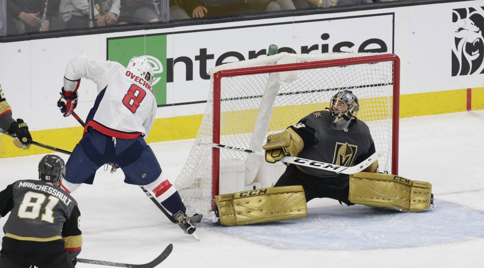 LAS VEGAS, NV - FEBRUARY 17: Vegas Golden Knights goaltender Marc-Andre Fleury 29 blocks a shot from Washington Capitals left wing Alex Ovechkin 8 during a regular season game Monday, Feb. 17, 2020, at T-Mobile Arena in Las Vegas, Nevada. Photo by: Marc Sanchez/Icon Sportswire NHL, Eishockey Herren, USA FEB 17 Capitals at Golden Knights Icon144200217344