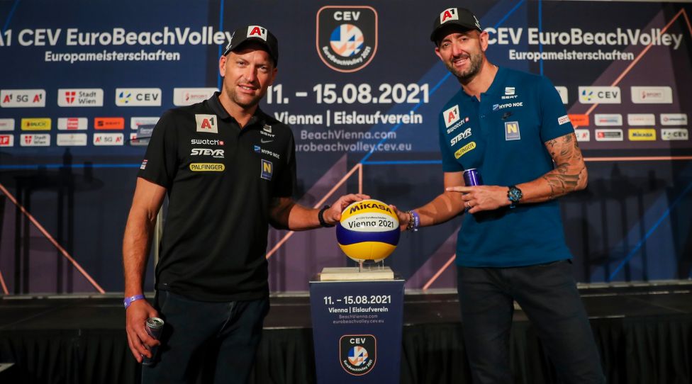VIENNA,AUSTRIA,11.FEB.21 - - BEACH VOLLEYBALL - CEV Men s European Volleyball Championship, preview, press conference. Image shows Clemens Doppler and Alexander Horst (AUT). Photo: GEPA pictures/ Philipp Brem