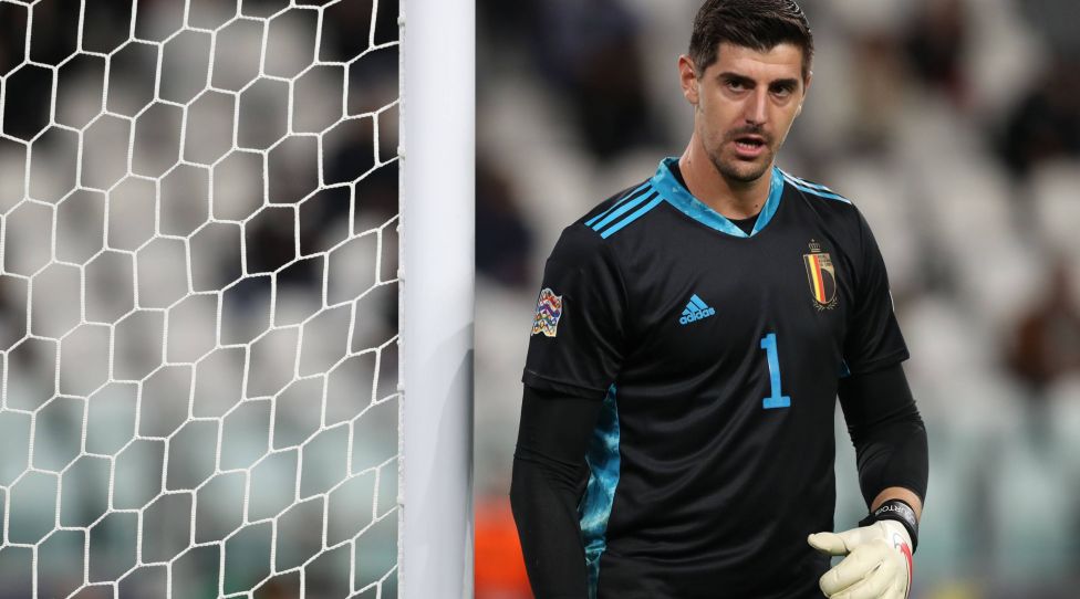 Turin, Italy, 7th October 2021. Thibaut Courtois of Belgium reacts during the UEFA Nations League match at Juventus Stadium, Turin. Picture credit should read: Jonathan Moscrop / Sportimage PUBLICATIONxNOTxINxUK SPI-1228-0159