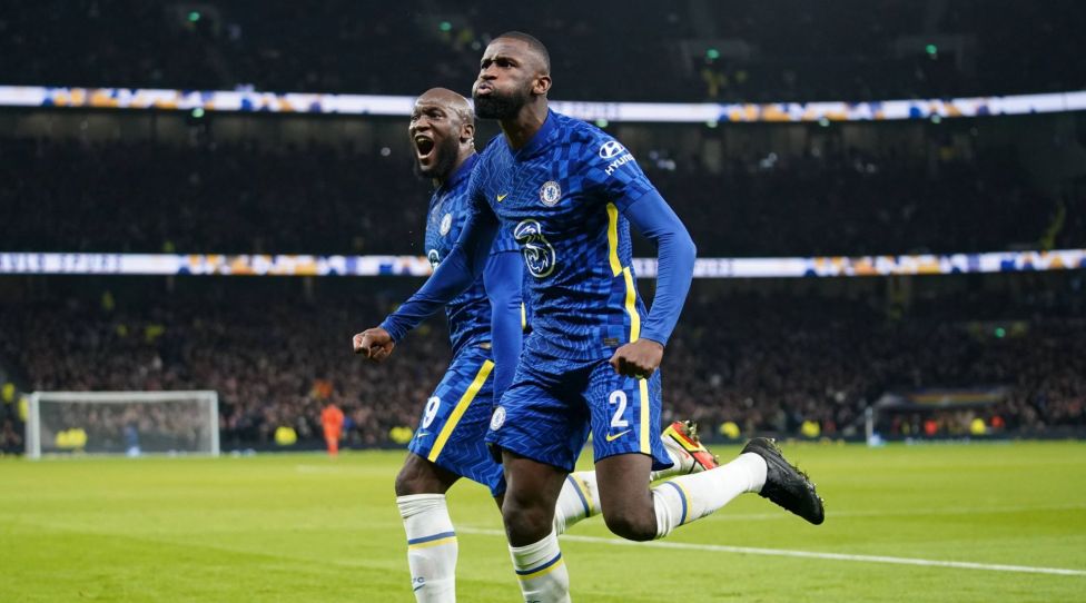Tottenham Hotspur v Chelsea - Carabao Cup - Semi Final - Second Leg - Tottenham Hotspur Stadium Chelsea s Antonio Rudiger right celebrates scoring their side s first goal of the game with team-mate Romelu Lukaku during the Carabao Cup Semi Final, second leg match at the Tottenham Hotspur Stadium, London. Picture date: Wednesday January 12, 2022. EDITORIAL USE ONLY No use with unauthorised audio, video, data, fixture lists, club/league logos or live services. Online in-match use limited to 120 images, no video emulation. No use in betting, games or single club/league/player publications. PUBLICATIONxNOTxINxUKxIRL Copyright: xNickxPottsx 64703877