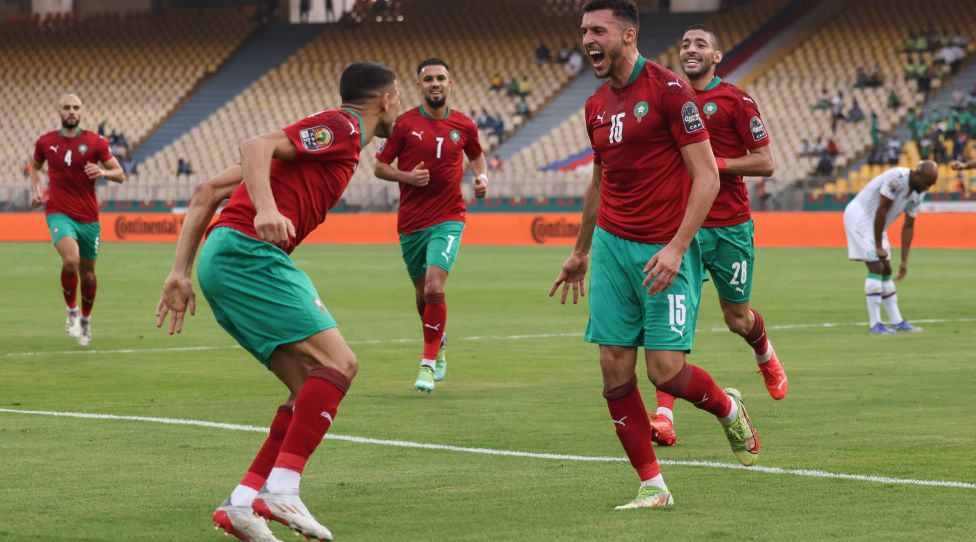 YAOUNDE, CAMEROON - JANUARY 14: Selim Amallah of Morocco celebrates with Achraf Hakimi after scoring 1st goal during the 2021 Africa Cup of Nations group C match between Morocco and Comoros at Stade Ahmadou Ahidjo on January 14 2022 in Yaounde, Ca Morooco v Comoros - Africa Cup of Nations group C Copyright: xx