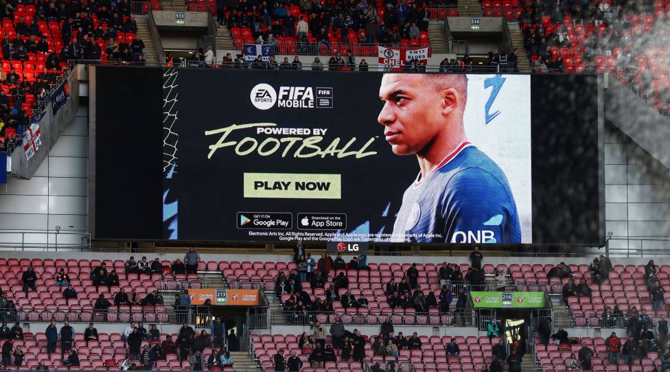 Mandatory Credit: Photo by Kieran McManus/Shutterstock 12820906cg Large screen with EA Fifa 22 branding Chelsea v Liverpool, EFL Carabao Cup, Final, Football, Wembley Stadium, London, UK - 27 Feb 2022 EDITORIAL USE ONLY No use with unauthorised audio, video, data, fixture lists, club/league logos or live services. Online in-match use limited to 120 images, no video emulation. No use in betting, games or single club/league/player publications. Chelsea v Liverpool, EFL Carabao Cup, Final, Football, Wembley Stadium, London, UK - 27 Feb 2022 EDITORIAL USE ONLY No use with unauthorised audio, video, data, fixture lists, club/league logos or live services. Online in-match use limited to 120 images, no video emulation. No use in betting, games or single club/league/player publications. PUBLICATIONxINxGERxSUIxAUTXHUNxGRExMLTxCYPxROMxBULxUAExKSAxONLY Copyright: xKieranxMcManus/Shutterstockx 12820906cg
