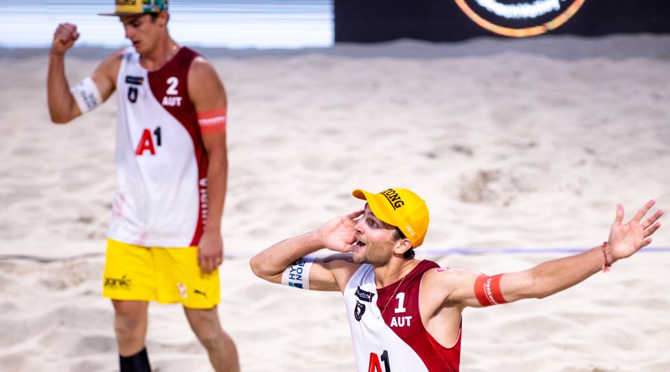 VIENNA,AUSTRIA,12.AUG.21 - BEACH VOLLEYBALL - CEV European Beach Volleyball Championship. Image shows the rejoicing of Philipp Waller and Robin Valentin Seidl (AUT). Photo: GEPA pictures/ Matic Klansek