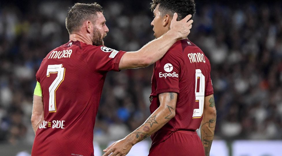 James Milner and Roberto Firmino of Liverpool FC during the Champions League Group A football match between SSC Napoli and Liverpool FC at Diego Armando Maradona stadium in Napoli Italy, September 7th, 2022. Photo Andrea Staccioli / Insidefoto andreaxstaccioli