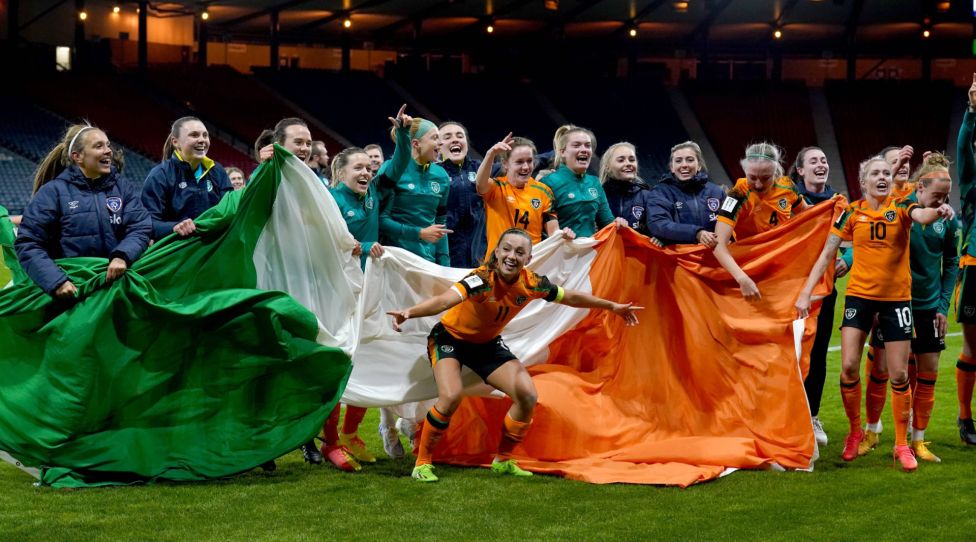 Republic of Ireland File Photo File photo dated 11-10-2022 of Republic of Ireland players celebrating after the FIFA Women s World Cup 2023 qualifying play-off match. UEFA has opened an investigation after Republic of Ireland players appeared to sing a pro-IRA chant following their Womens World Cup play-off victory over Scotland. Issue date: Thursday October 13, 2022. FILE PHOTO Use subject to restrictions. Editorial use only, no commercial use without prior consent from rights holder. PUBLICATIONxNOTxINxUKxIRL Copyright: xAndrewxMilliganx 69254575