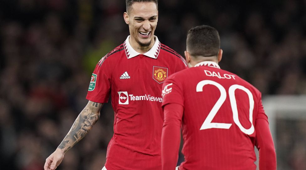 Manchester, England, 10th January 2023. Antony of Manchester United, ManU celebrate scoring the first goal with Diogo Dalot of Manchester United during the Carabao Cup match at Old Trafford, Manchester. Picture credit should read: Andrew Yates / Sportimage PUBLICATIONxNOTxINxUK SPI-2154-0032