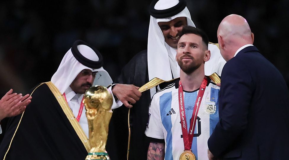 230109 -- BEIJING, Jan. 9, 2023 -- FIFA President Gianni Infantino 1st R and the Emir of Qatar Sheikh Tamim bin Hamad Al Thani 3rd R award Lionel Messi 2nd R of Argentina during the awarding ceremony of the 2022 FIFA World Cup, WM, Weltmeisterschaft, Fussball at Lusail Stadium in Lusail, Qatar, Dec. 18, 2022.  SPXINHUA-PICTURES OF THE YEAR 2022 CaoxCan PUBLICATIONxNOTxINxCHN