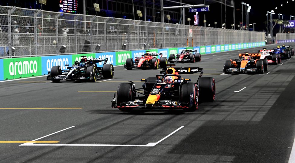 Formula 1 2023: Saudi Arabian GP JEDDAH STREET CIRCUIT, SAUDI ARABIA - MARCH 17: Max Verstappen, Red Bull Racing RB19, George Russell, Mercedes F1 W14, Charles Leclerc, Ferrari SF-23, Oscar Piastri, McLaren MCL60, and others practice their start procedures at the end of FP2 during the Saudi Arabian GP at Jeddah Street Circuit on Friday March 17, 2023 in Jeddah, Saudi Arabia. Photo by Mark Sutton / Sutton Images Images PUBLICATIONxINxGERxSUIxAUTxHUNxONLY GP2302_180319MS1_7052