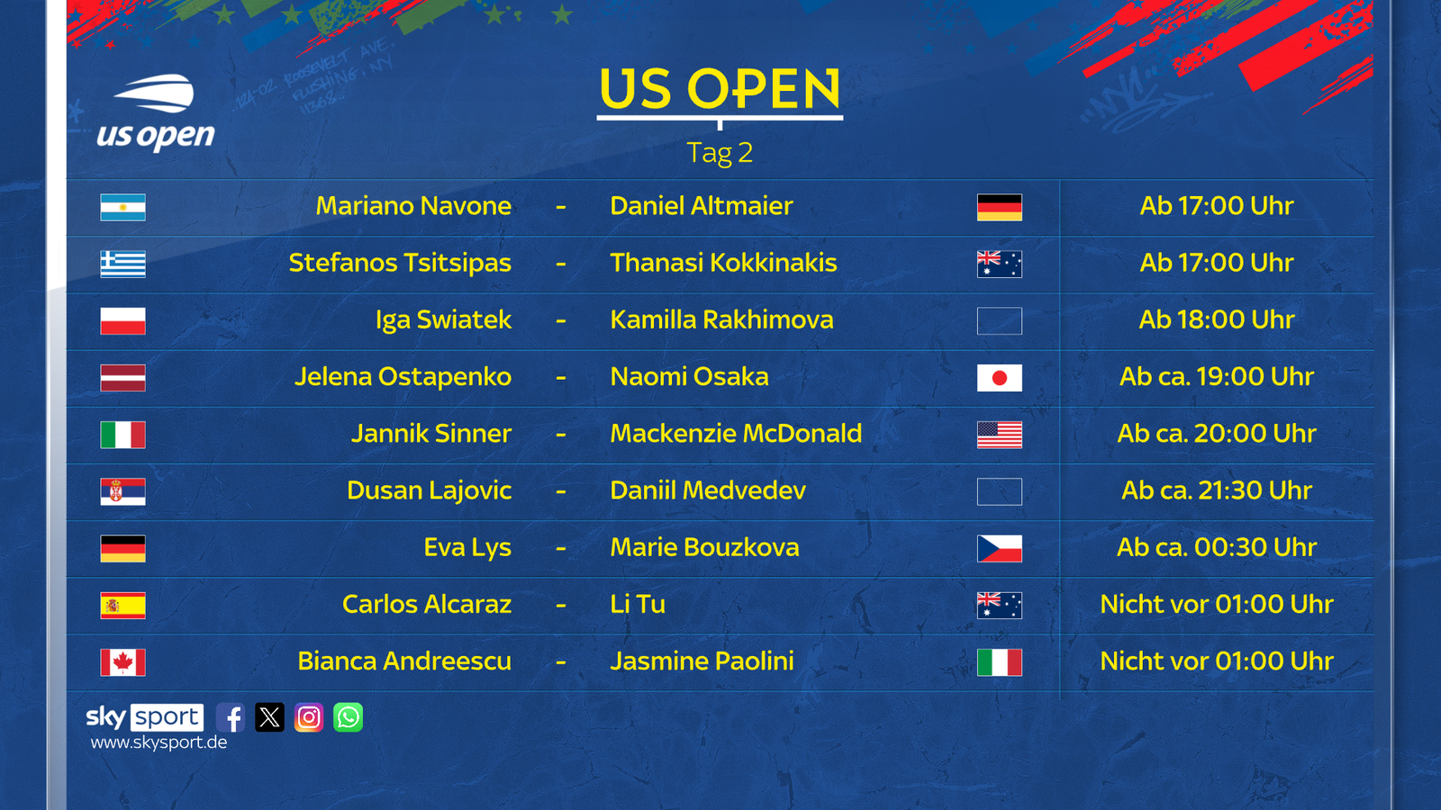 Diese Spiele siehst du am Dienstag, den 27. August, auf Sky Sport Tennis. © Sky
