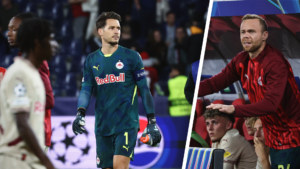 Nach dem Fehler von Salzburg-Kapitän Janis Blaswich vor dem 3:0 für Stade Brest skandieren die Salzburg-Fans den Namen v