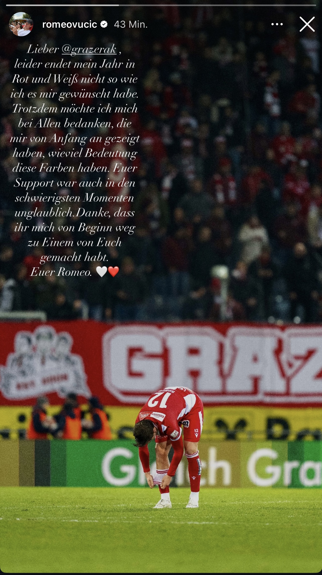 Romeo Vucic verabschiedet sich via Instagram von den GAK-Fans! Quelle: IG/@romeovucic