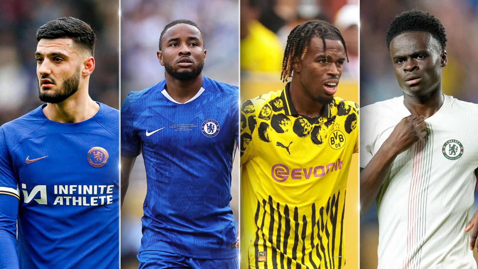 Armando Broja (von l.), Christopher Nkunku, Carney Chukwuemeka und Tyrique George sind Abgangskandidaten beim FC Chelsea.  © Sky 