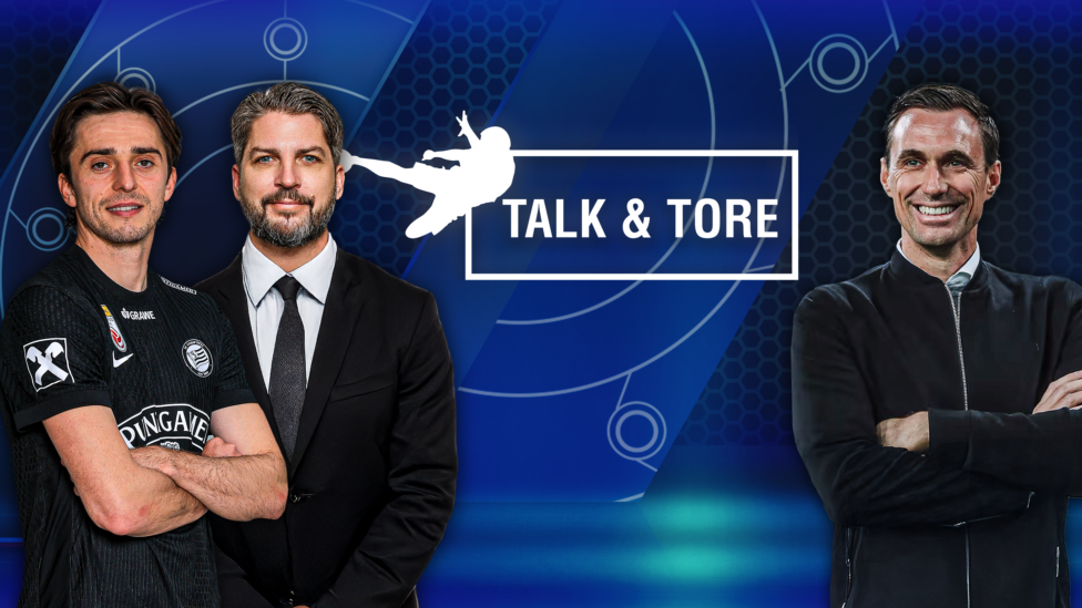 Sky-Moderatorin Martin Konrad begrüßt in der 579. Ausgabe von „Talk & Tore“ Marcus Mann, Geschäftsführer Sport beim FC R